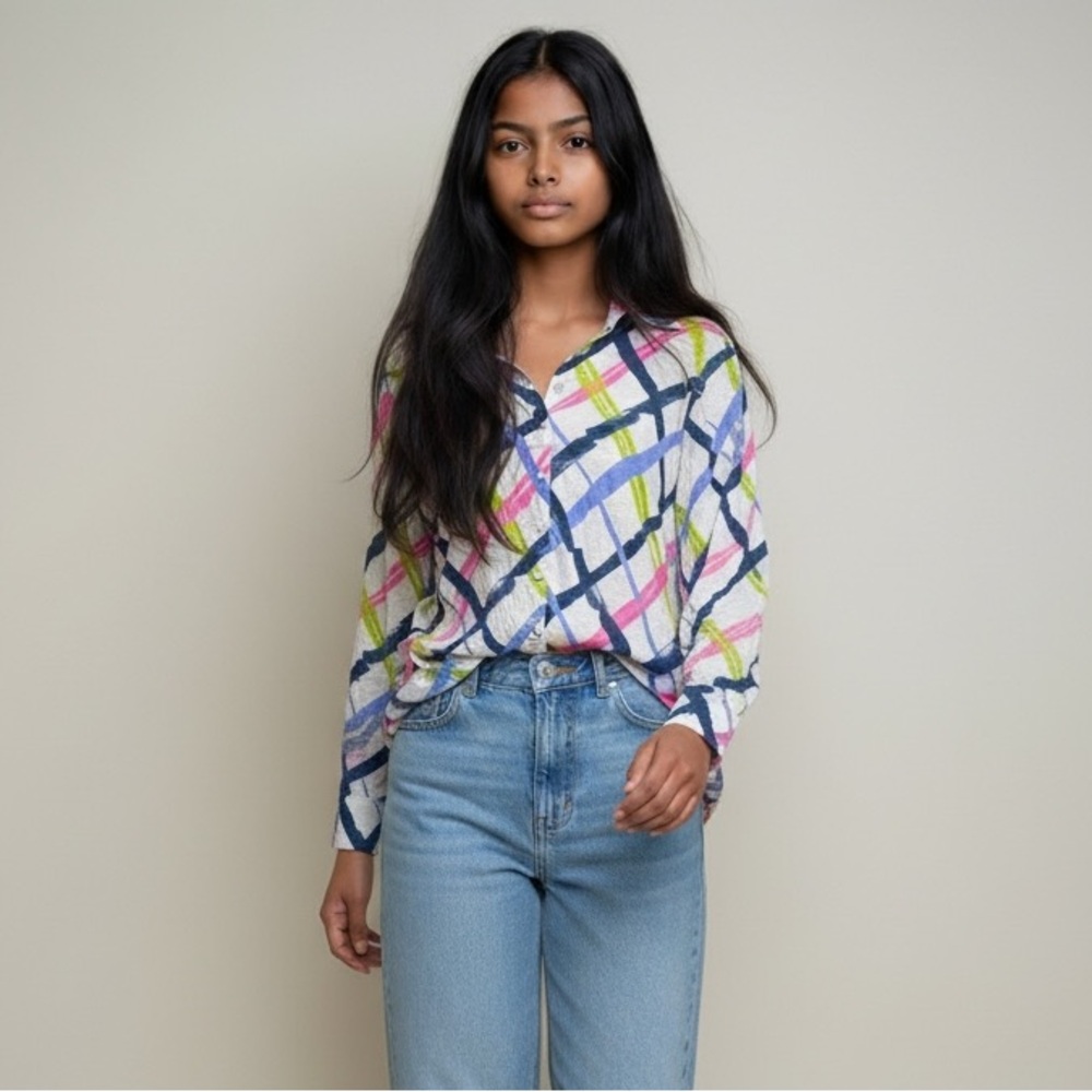DAVID KLINE - SIZE MED. - BRIGHT‎ COLORFUL BLOUSE - GEOMETRIC PRINT - GOOD COND